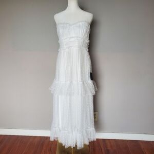 NWT Lulus Fairycore Strapless Boho Lace Ruffle Tiered Mesh Midi Dress White
